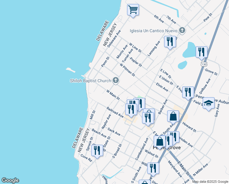 map of restaurants, bars, coffee shops, grocery stores, and more near 91 West Main Street in Penns Grove