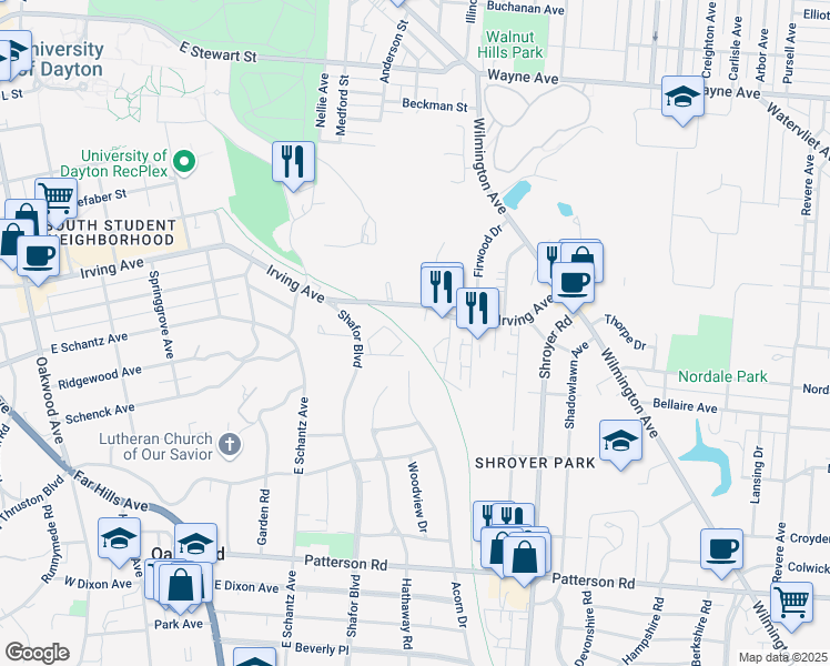 map of restaurants, bars, coffee shops, grocery stores, and more near 41 Irving Avenue in Dayton