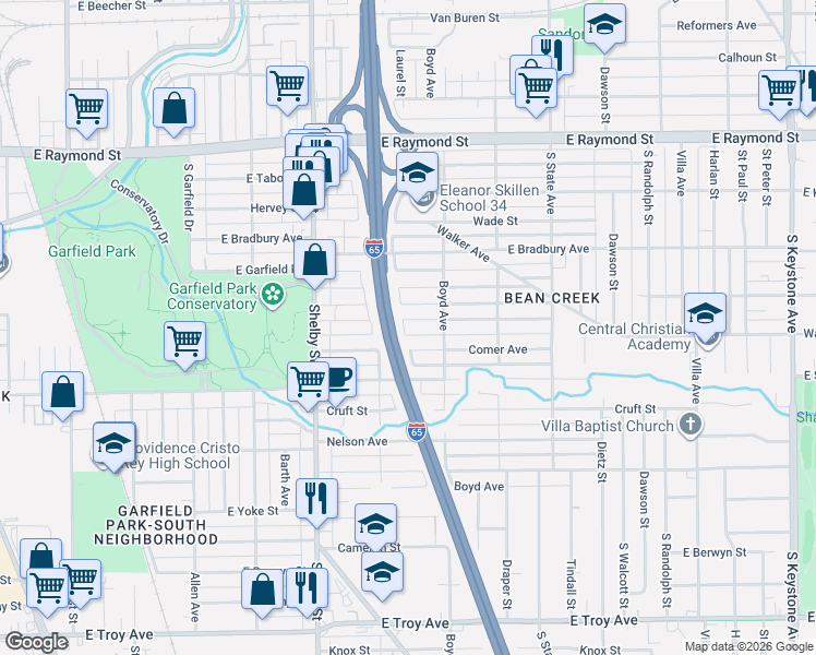 map of restaurants, bars, coffee shops, grocery stores, and more near 1399 Hoefgen Street in Indianapolis