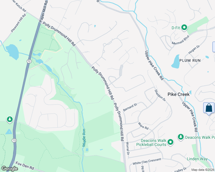 map of restaurants, bars, coffee shops, grocery stores, and more near Polly Drummond Hill Rd & Foxfire Dr in Pike Creek