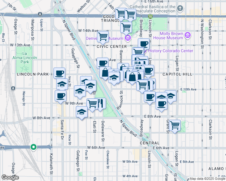 map of restaurants, bars, coffee shops, grocery stores, and more near 990 Cherokee Street in Denver