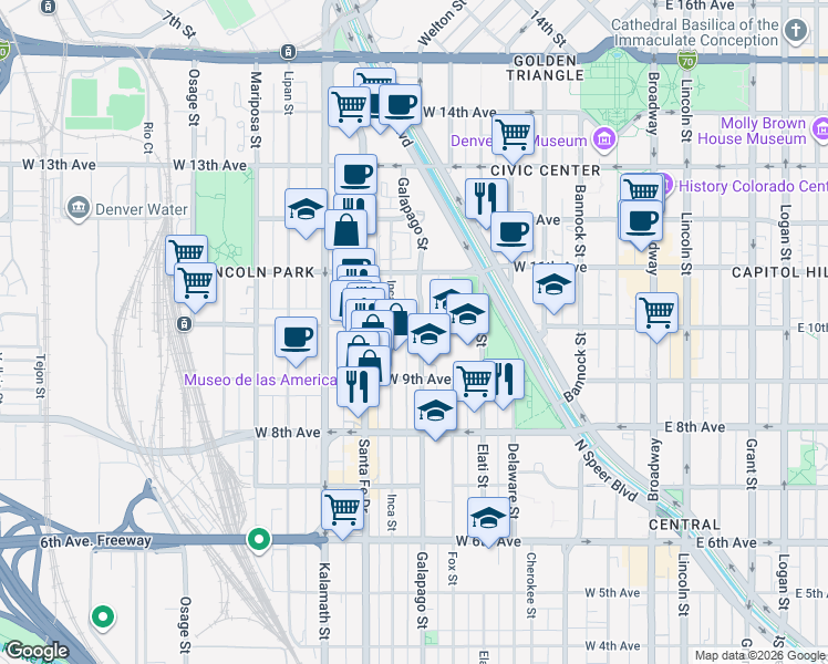 map of restaurants, bars, coffee shops, grocery stores, and more near 720 West 10th Avenue in Denver
