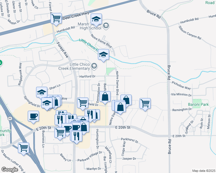 map of restaurants, bars, coffee shops, grocery stores, and more near 1831 Bedford Drive in Chico