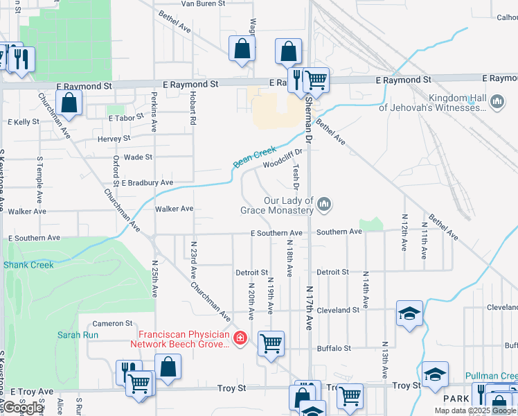 map of restaurants, bars, coffee shops, grocery stores, and more near 2535 Beechcrest Drive in Indianapolis