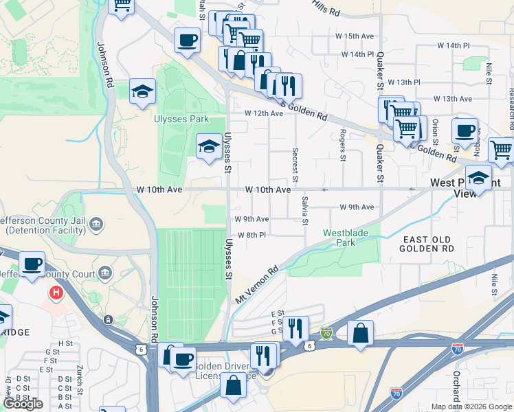 map of restaurants, bars, coffee shops, grocery stores, and more near 968 Torrey Street in Golden