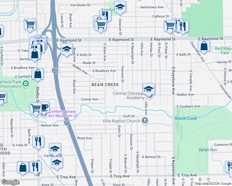 map of restaurants, bars, coffee shops, grocery stores, and more near 2511 Walker Place in Indianapolis
