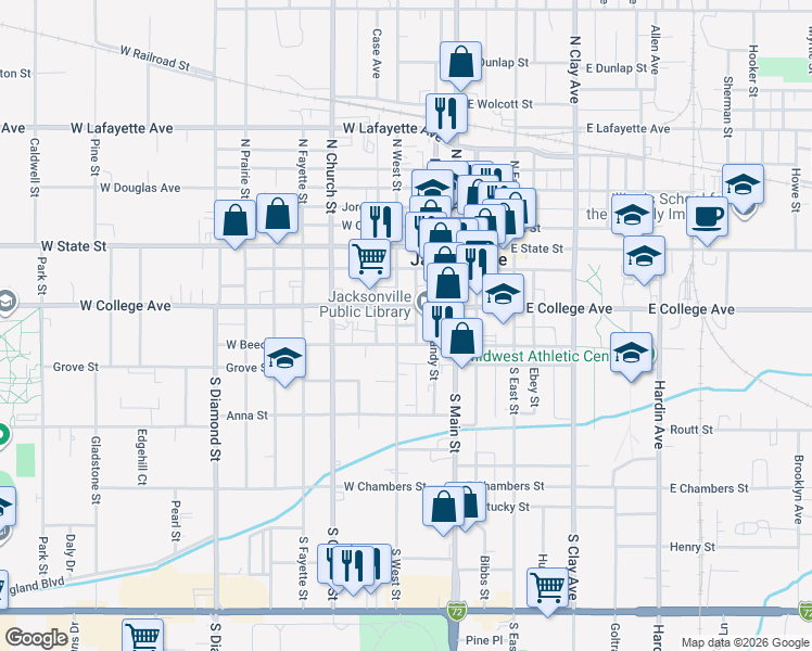 map of restaurants, bars, coffee shops, grocery stores, and more near Library Avenue in Jacksonville