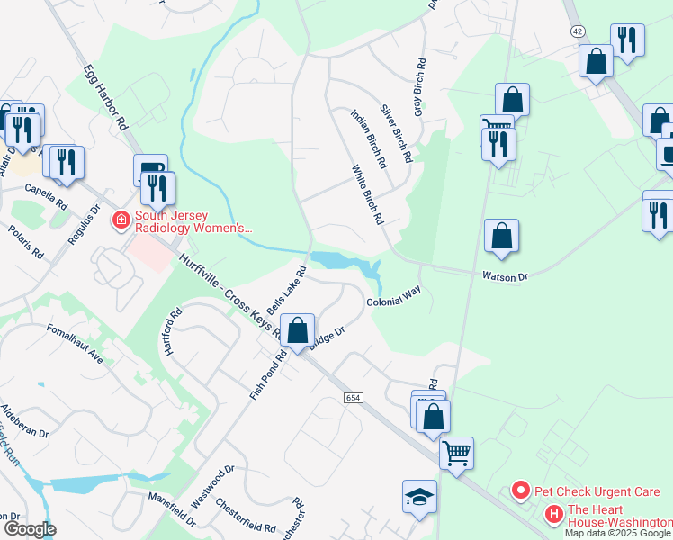 map of restaurants, bars, coffee shops, grocery stores, and more near 36 Bridge Drive in Washington Township