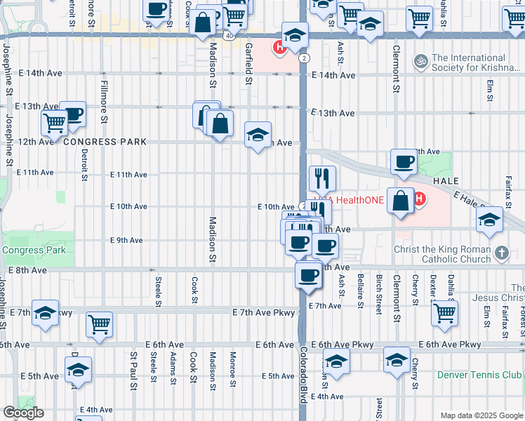 map of restaurants, bars, coffee shops, grocery stores, and more near 977 Jackson Street in Denver