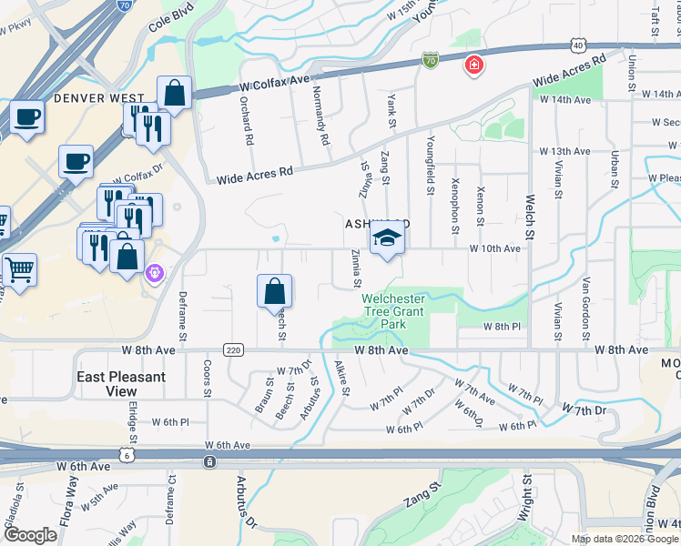 map of restaurants, bars, coffee shops, grocery stores, and more near 930 Alkire Street in Golden