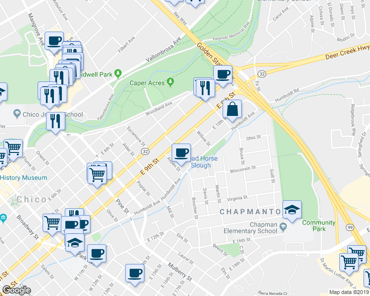 map of restaurants, bars, coffee shops, grocery stores, and more near 1158 East 10th Street in Chico