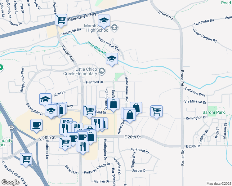 map of restaurants, bars, coffee shops, grocery stores, and more near 1831 Bedford Drive in Chico