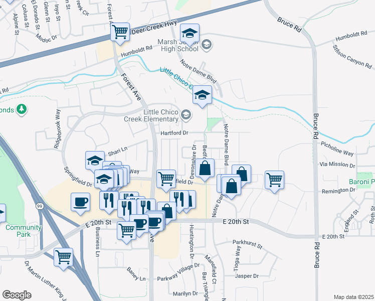 map of restaurants, bars, coffee shops, grocery stores, and more near 2069 Rochester Drive in Chico