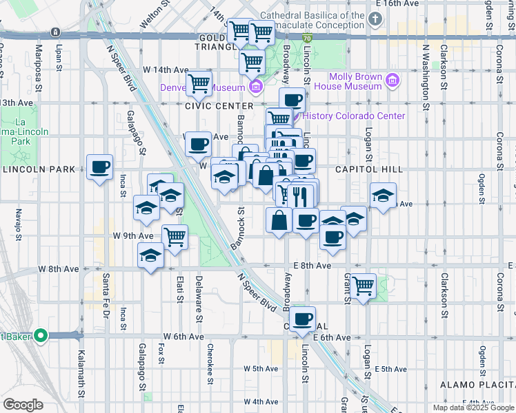 map of restaurants, bars, coffee shops, grocery stores, and more near 140 West 10th Avenue in Denver