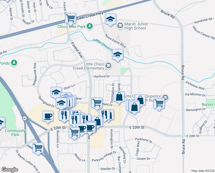 map of restaurants, bars, coffee shops, grocery stores, and more near 2061 Rochester Drive in Chico