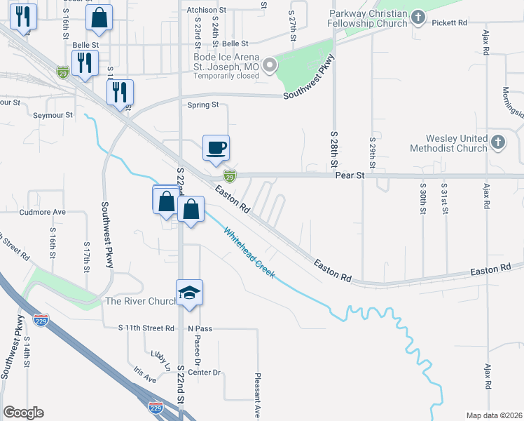 map of restaurants, bars, coffee shops, grocery stores, and more near 101-194 Countryside Lane in Saint Joseph