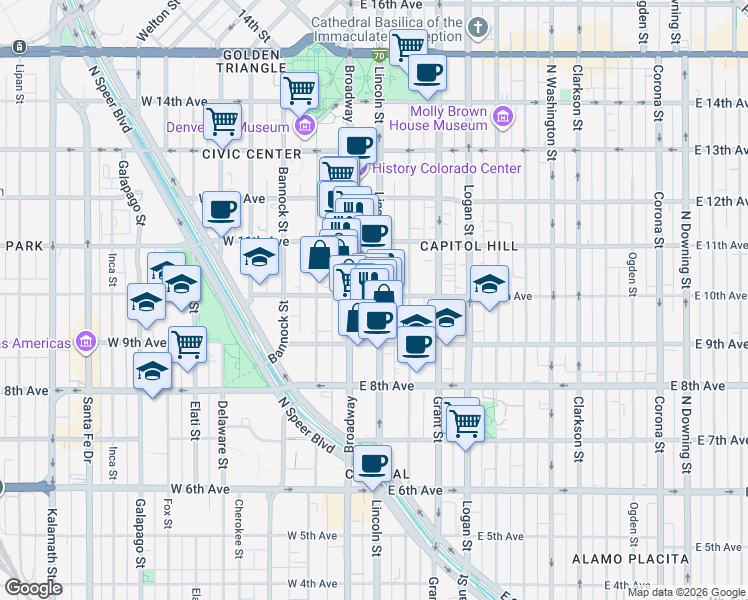 map of restaurants, bars, coffee shops, grocery stores, and more near 44 East 10th Avenue in Denver