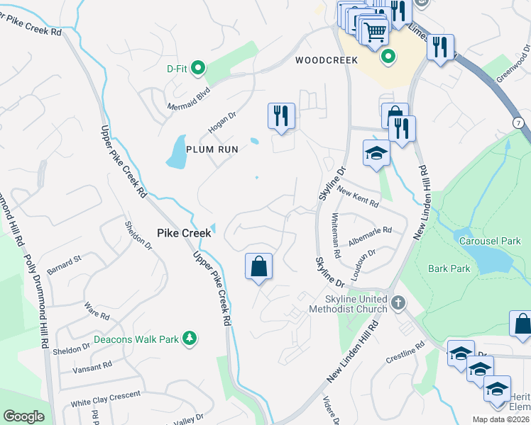 map of restaurants, bars, coffee shops, grocery stores, and more near 5420 Delray Drive in Wilmington