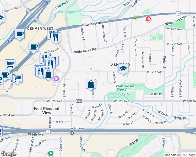 map of restaurants, bars, coffee shops, grocery stores, and more near 978 Arbutus Court in Golden