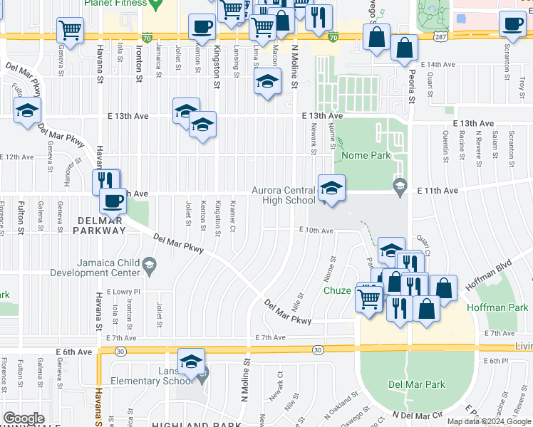 map of restaurants, bars, coffee shops, grocery stores, and more near 1040 Lima Street in Aurora
