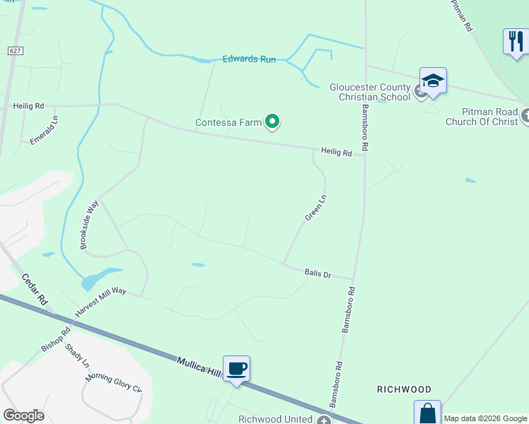 map of restaurants, bars, coffee shops, grocery stores, and more near 804 Balis Court in Mullica Hill