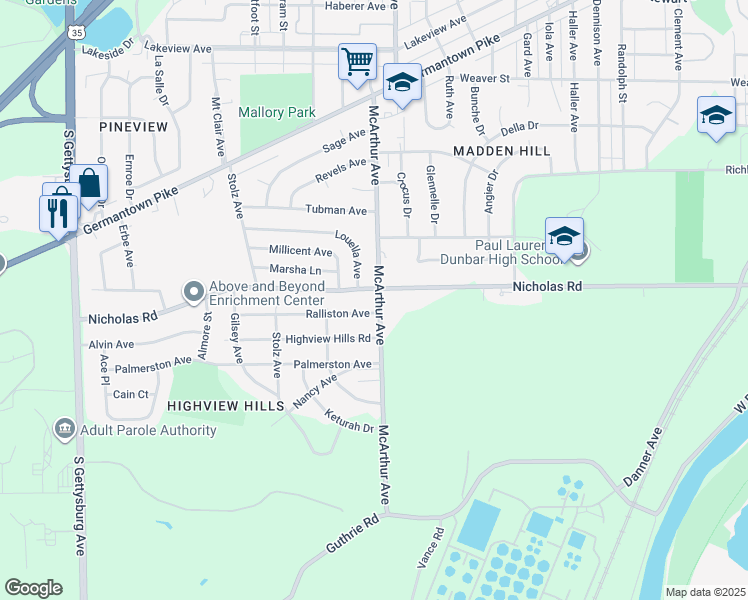 map of restaurants, bars, coffee shops, grocery stores, and more near 1513 McArthur Avenue in Dayton
