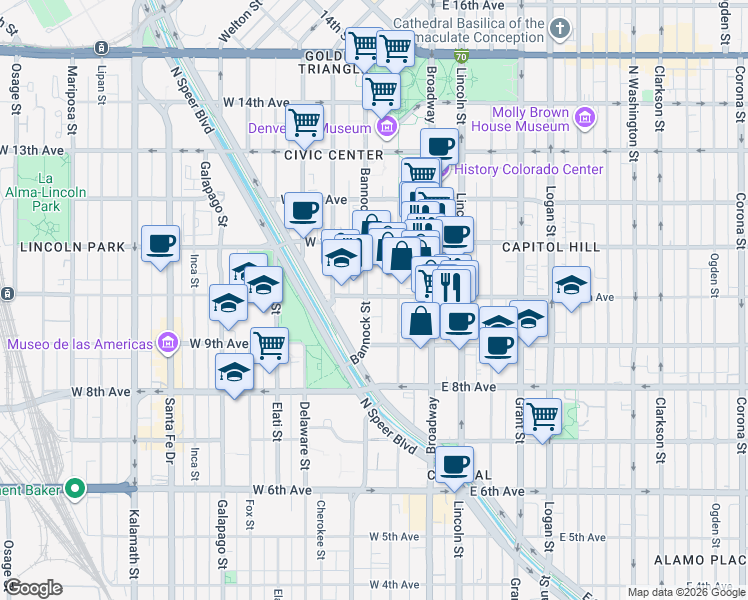 map of restaurants, bars, coffee shops, grocery stores, and more near 180 West 10th Avenue in Denver