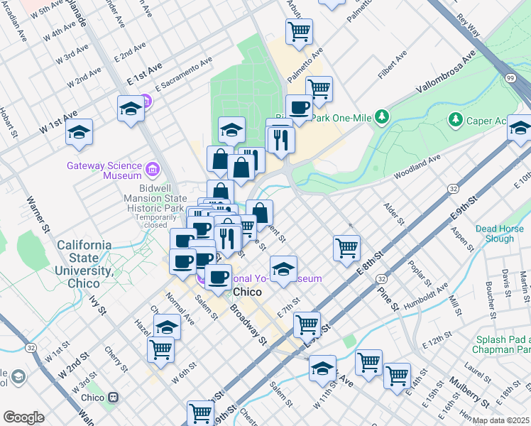 map of restaurants, bars, coffee shops, grocery stores, and more near 229 Orient Street in Chico