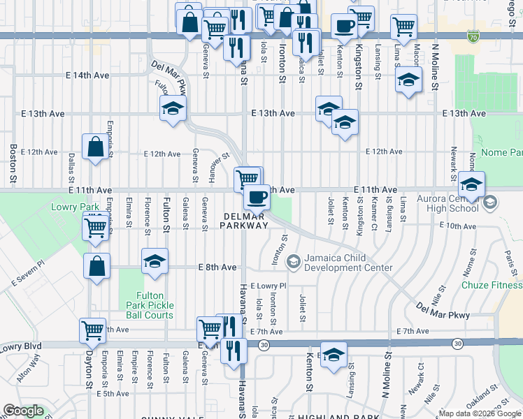 map of restaurants, bars, coffee shops, grocery stores, and more near 10662 Del Mar Parkway in Aurora