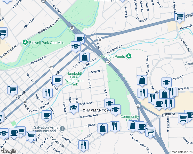 map of restaurants, bars, coffee shops, grocery stores, and more near 970 Madison Street in Chico