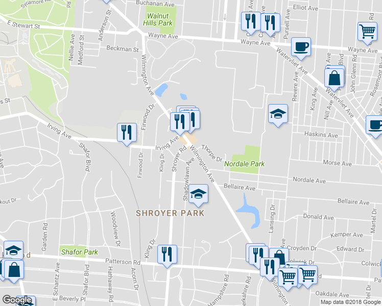 map of restaurants, bars, coffee shops, grocery stores, and more near 619 Wilmington Avenue in Dayton
