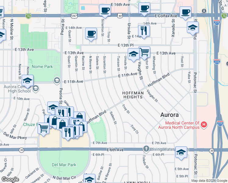 map of restaurants, bars, coffee shops, grocery stores, and more near 993 Troy Street in Aurora