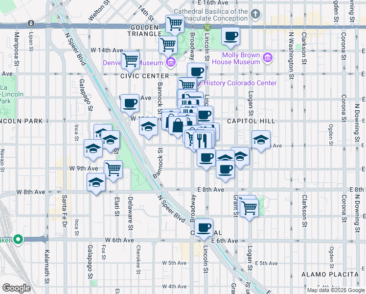 map of restaurants, bars, coffee shops, grocery stores, and more near 50 West 10th Avenue in Denver