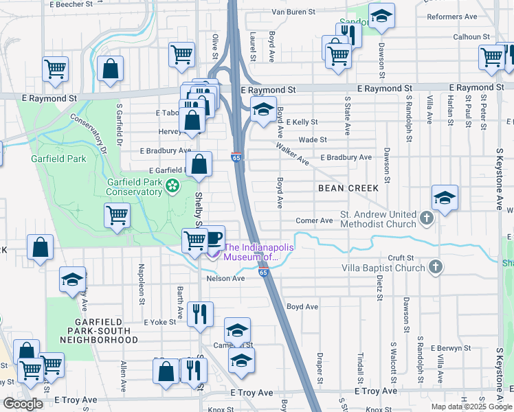 map of restaurants, bars, coffee shops, grocery stores, and more near 1399 Hoefgen Street in Indianapolis