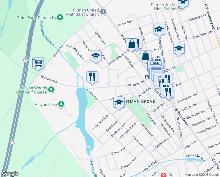 map of restaurants, bars, coffee shops, grocery stores, and more near 405 West Holly Avenue in Pitman