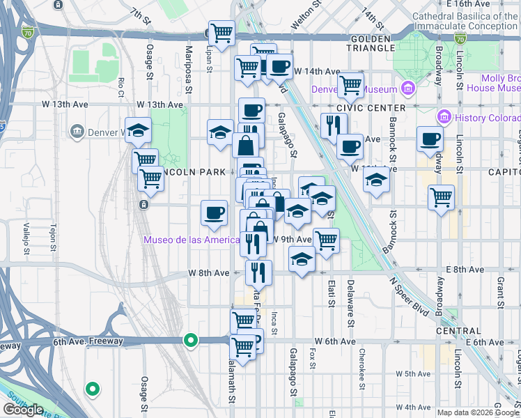 map of restaurants, bars, coffee shops, grocery stores, and more near 858 West 10th Avenue in Denver