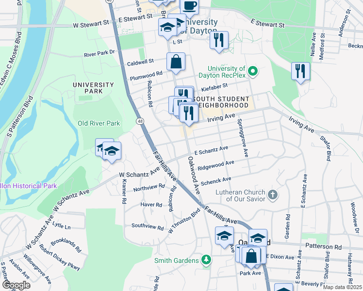 map of restaurants, bars, coffee shops, grocery stores, and more near 109 Oakwood Avenue in Dayton