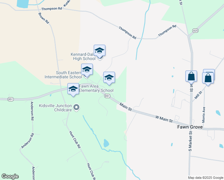 map of restaurants, bars, coffee shops, grocery stores, and more near 375 Main Street in Fawn Grove
