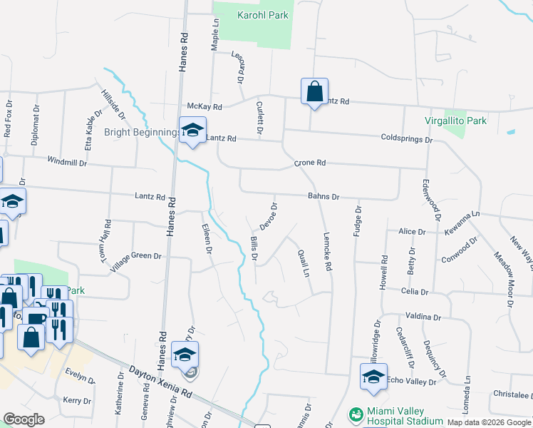 map of restaurants, bars, coffee shops, grocery stores, and more near 1445 Devoe Drive in Dayton