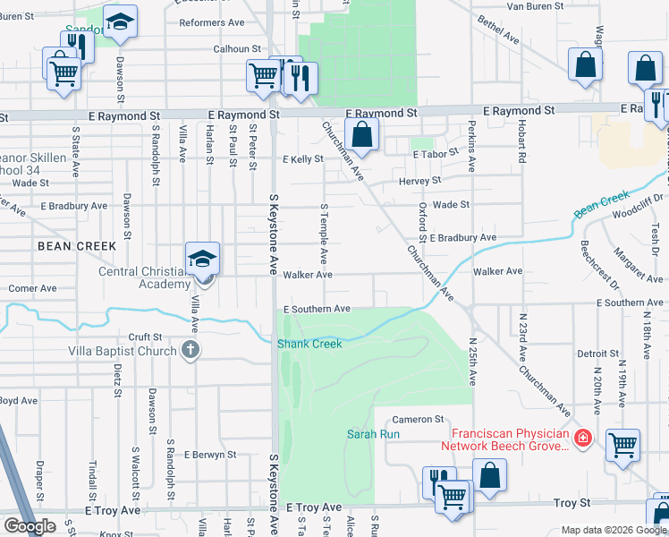map of restaurants, bars, coffee shops, grocery stores, and more near 2612 Walker Avenue in Indianapolis
