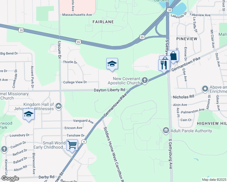 map of restaurants, bars, coffee shops, grocery stores, and more near 4370 Dayton-Liberty Road in Dayton