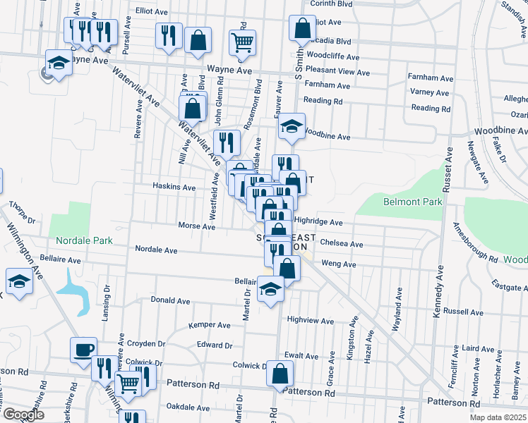 map of restaurants, bars, coffee shops, grocery stores, and more near 648 Watervliet Avenue in Dayton