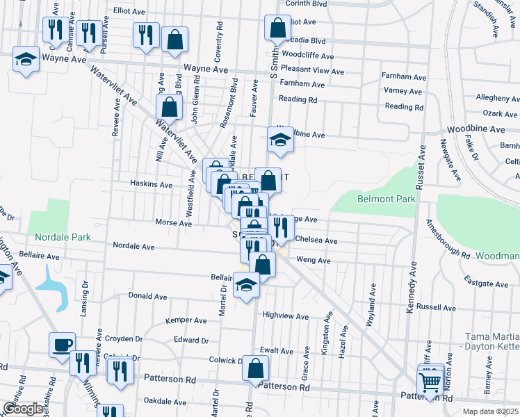 map of restaurants, bars, coffee shops, grocery stores, and more near 2369 Smithville Road in Dayton