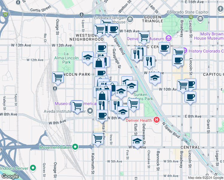 map of restaurants, bars, coffee shops, grocery stores, and more near 720 West 10th Avenue in Denver