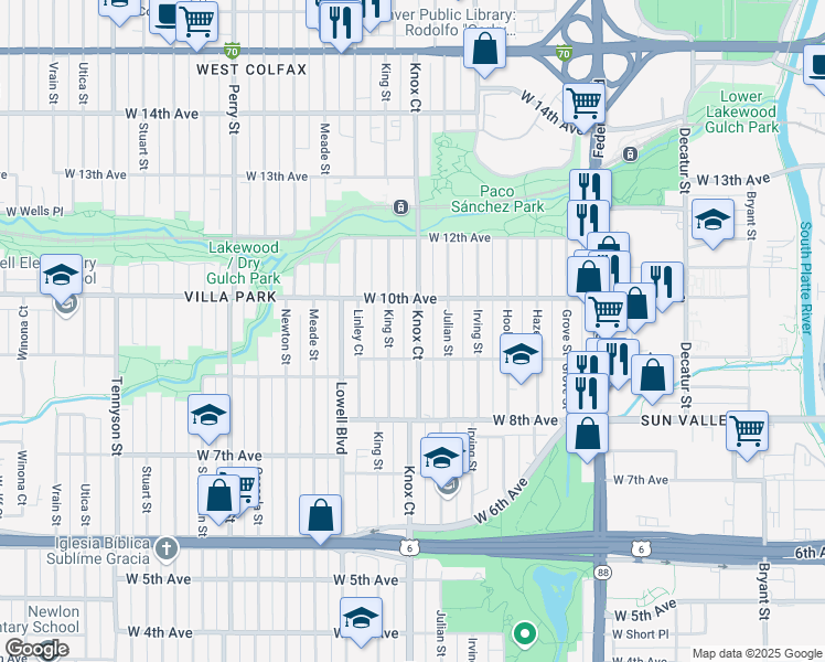 map of restaurants, bars, coffee shops, grocery stores, and more near 939 Knox Court in Denver