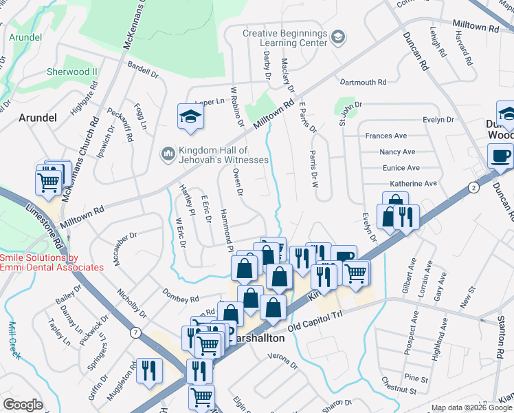 map of restaurants, bars, coffee shops, grocery stores, and more near 2425 Owen Drive in Wilmington