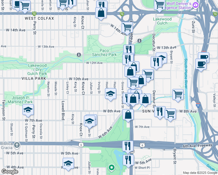 map of restaurants, bars, coffee shops, grocery stores, and more near 940 Hooker Street in Denver
