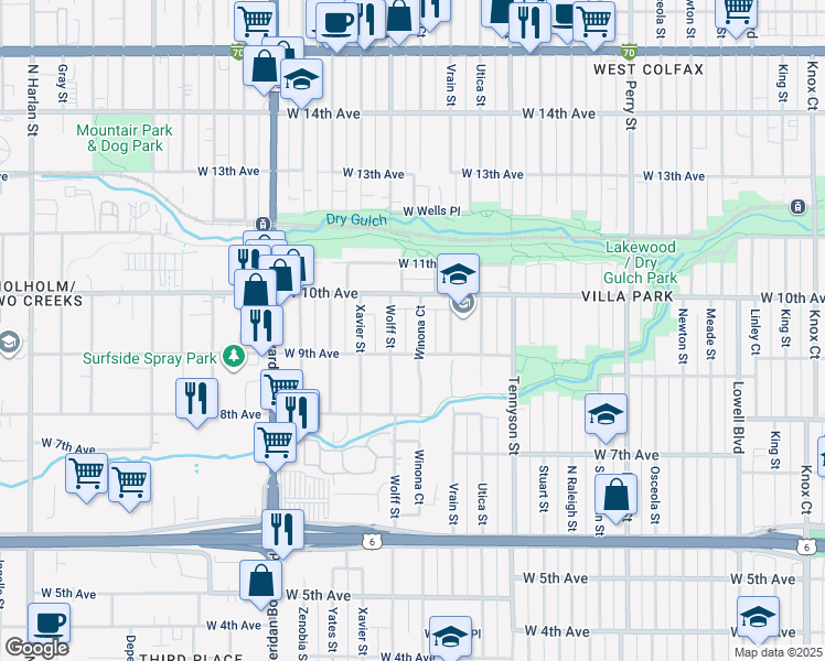 map of restaurants, bars, coffee shops, grocery stores, and more near 935 Winona Court in Denver