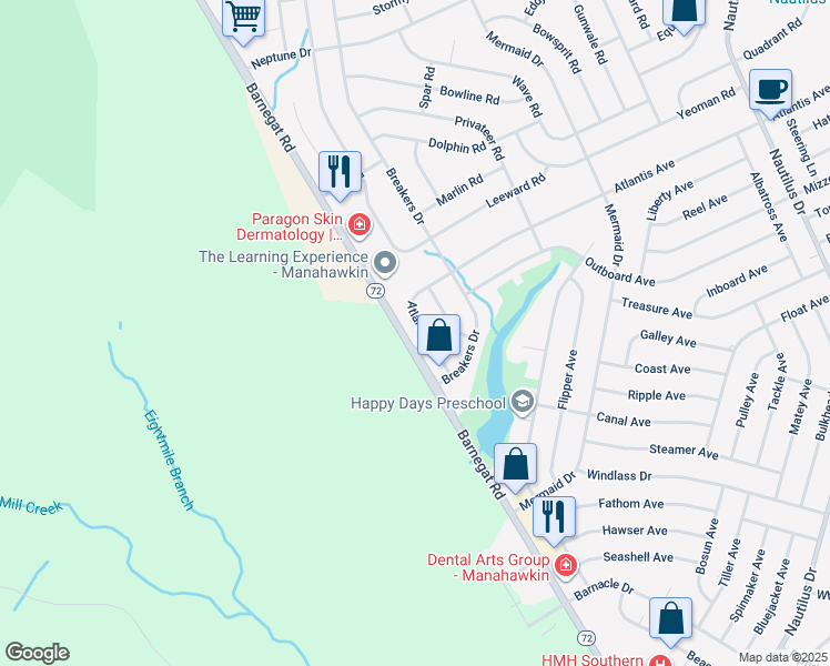 map of restaurants, bars, coffee shops, grocery stores, and more near 1546 New Jersey 72 in Stafford Township