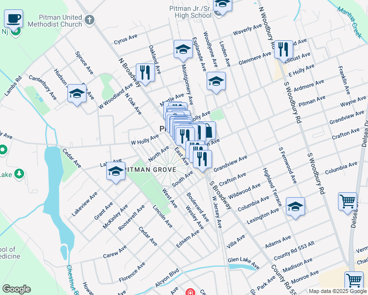 map of restaurants, bars, coffee shops, grocery stores, and more near 50 South Broadway in Pitman